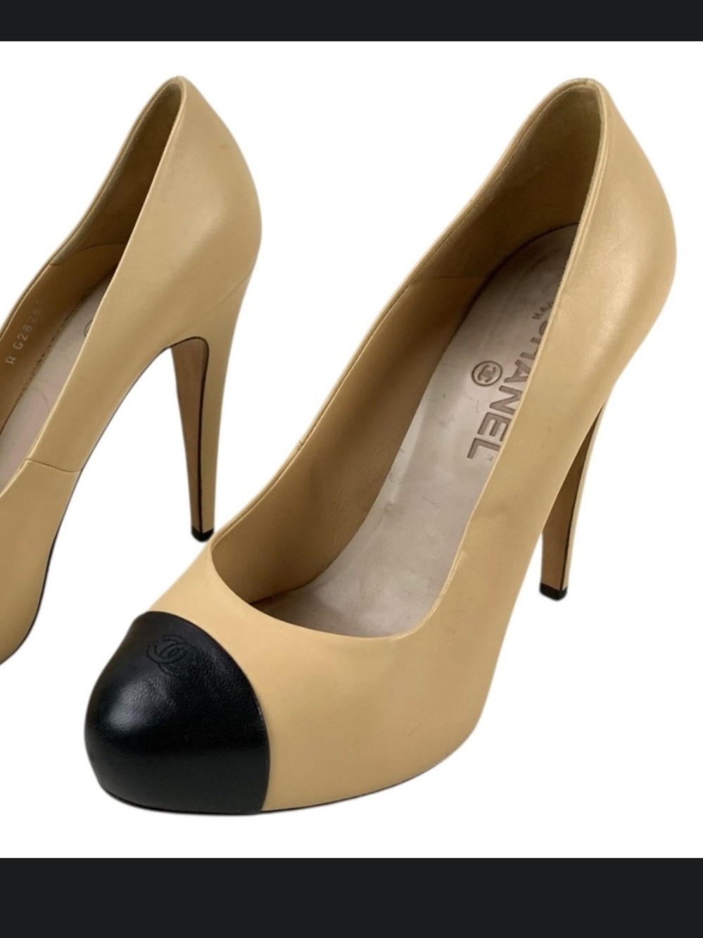 CHANEL Beige Leather Pumps with Black Cap Toes